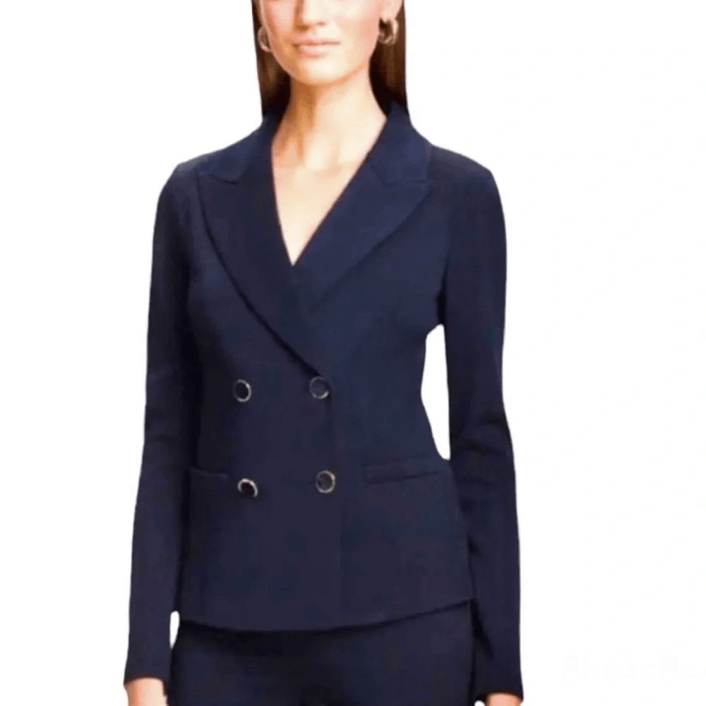 St. John Wool Blend Knit Navy Blue Double Breasted Blazer Jacket Women's Size 14